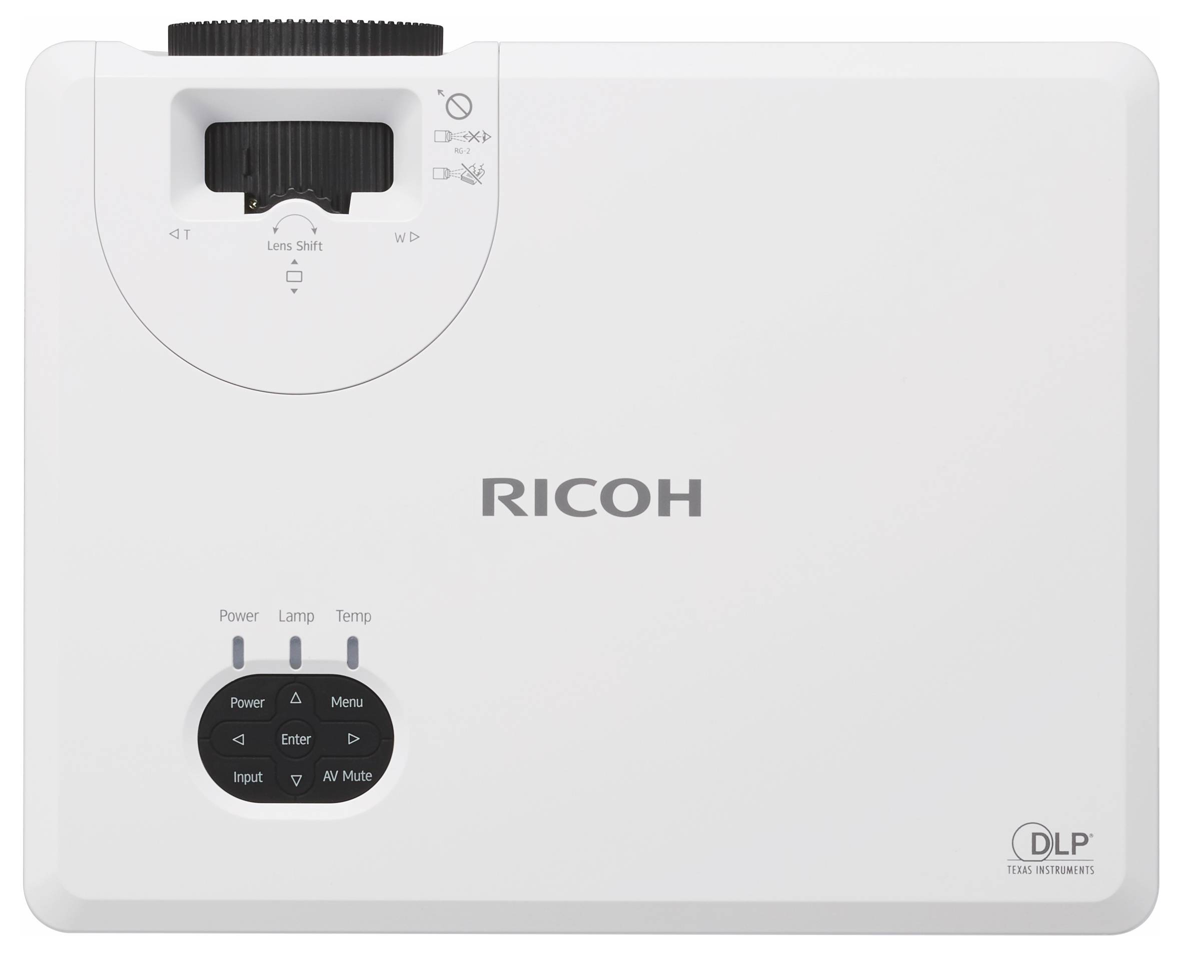 Witte Ricoh DLP-projector van bovenaf gezien, met daarop zichtbaar de lensverplaatsingsregeling, aan-/menuknoppen en het DLP-logo.