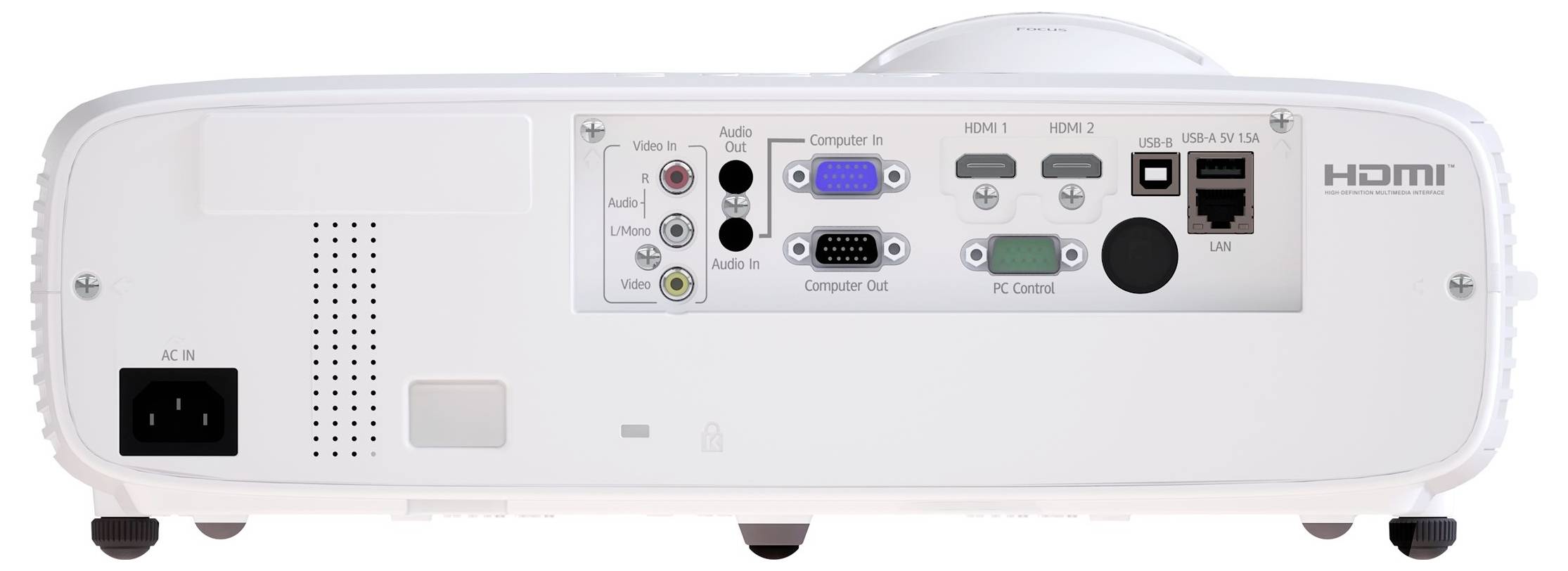 Achteraanzicht van een witte projector met stroomingang, audioporten, computer-/video-ingangen, HDMI-poorten, USB en LAN-verbindingen.