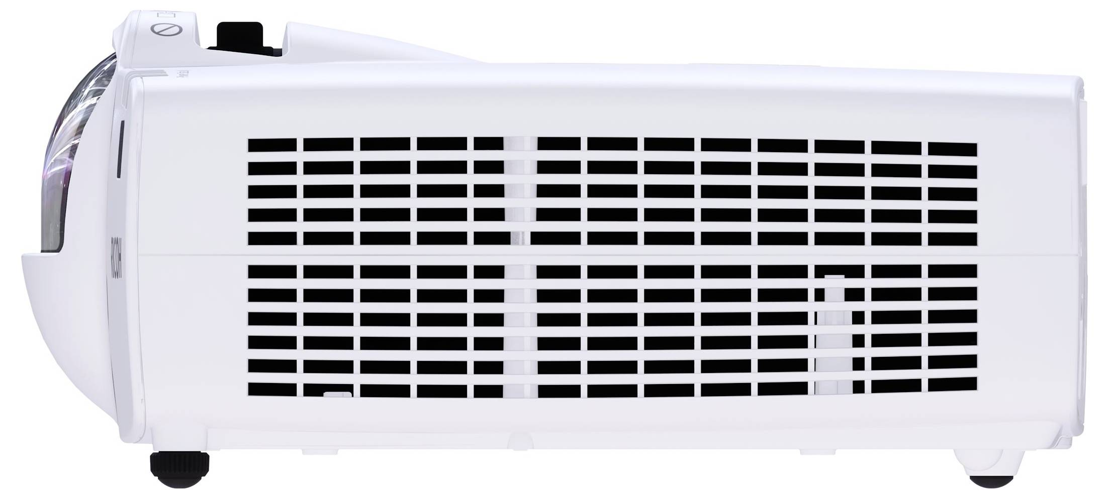 Witte projector van opzij weergegeven, met ventilatierooster en lensbehuizing zichtbaar op een effen achtergrond.