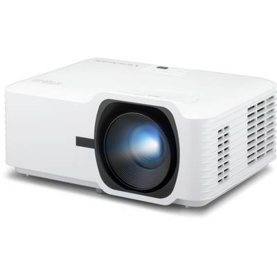 Witte multimediaprojector met een gloeiende blauwe lens en zijventilatieroosters, afgebeeld op een effen witte achtergrond.