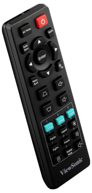 ViewSonic TV-afstandsbediening met aan/uit, navigatie, enter, volume, kanaal en invoer knoppen op een zwarte handheld afstandsbediening.