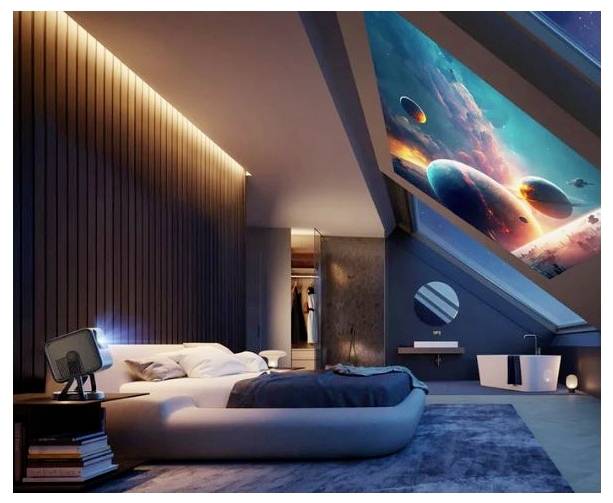 Futuristisch slaapkamer met een laag bed, warm wandverlichting en een groot schuin raam dat een kleurrijke ruimtescène toont.