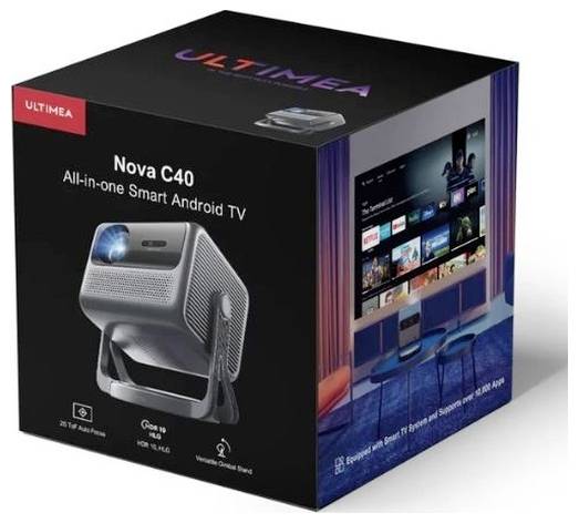 Doos voor Ultimea Nova C40 all-in-one intelligente Android TV-projector, met afbeelding van het apparaat en een bioscoopscène op de verpakking.