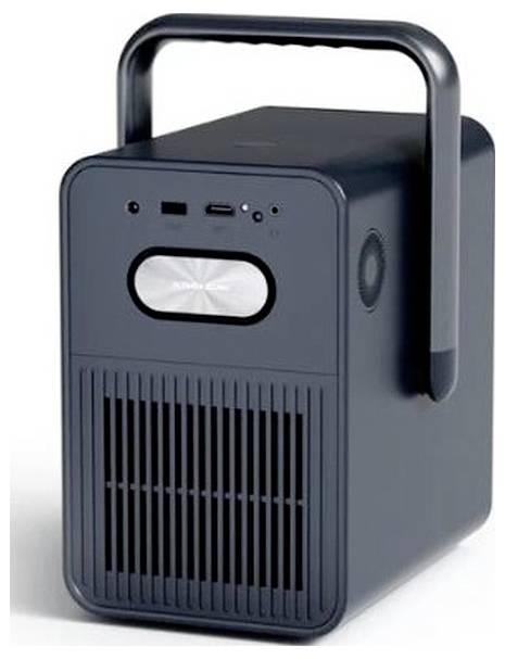 Draagbaar zwart mini-aircooler of spreker-achtig apparaat met een draaggreep, ventilatieopeningen aan de voorkant en bedieningspoorten op het bovenpaneel.