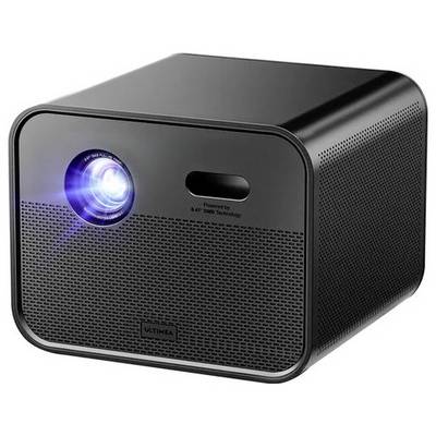Zwarte ULTIMEA-projector weergegeven van voren-links, met de lens verlicht in blauw en een geperforeerde rooster aan de voor- en zijkanten.