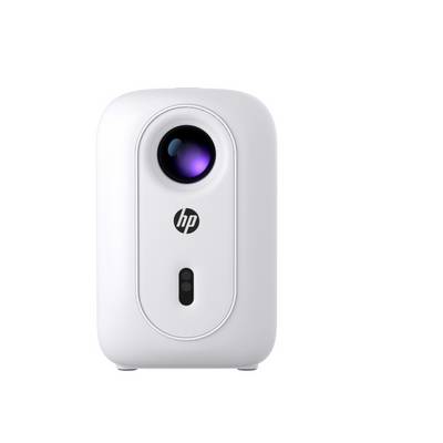 Voorkant wit HP-draagbare projector met een grote lens bovenaan en kleine indicator eronder, geïsoleerd op een eenvoudige achtergrond weergegeven.