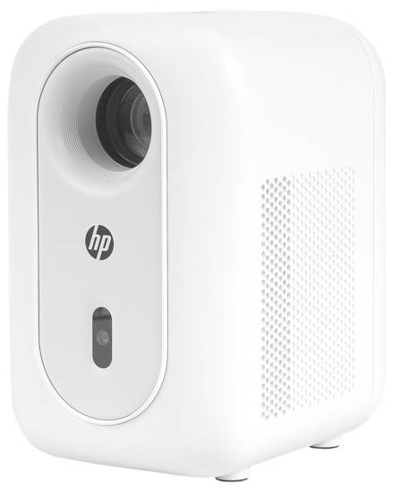 Draagbare HP-projector weergegeven in vooraanzicht, met lens aan de linkerkant, HP-logo in het midden en luidsprekergril aan de rechterkant.