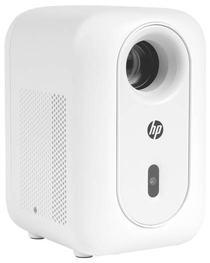 Witte HP compacte projector getoond in vooraanzicht, met grote lens, ventilatieopeningen en HP-logo op een effen achtergrond.