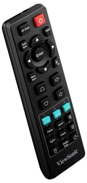 ViewSonic TV-afstandsbediening met aan/uit-knop, navigatiepad, Enter-knop, volume- en menutoetsen op een zwarte afstandsbediening
