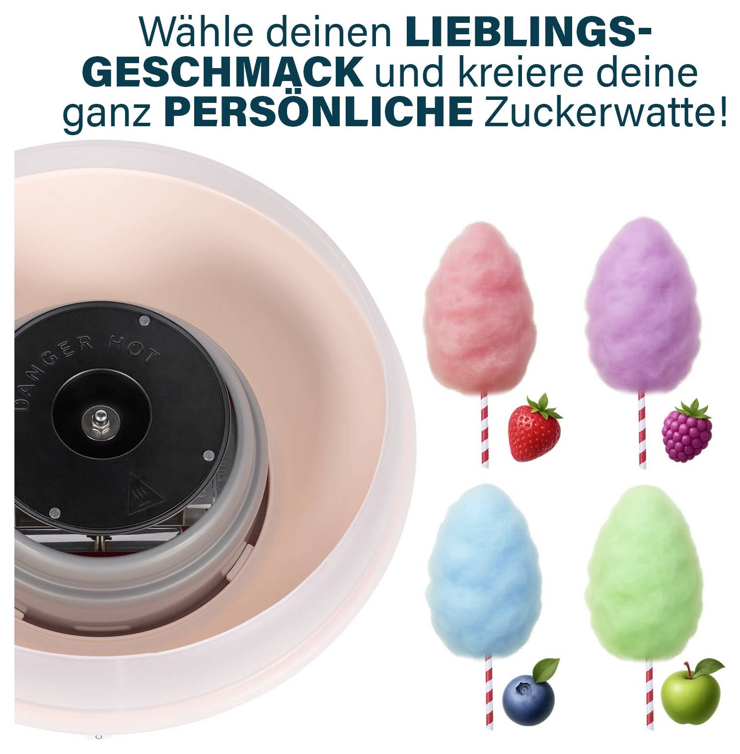 Een suikerspinnmachine met vier smaakaangebod: aardbei, framboos, blauwe bessen en groene appel. De Duitse tekst zegt dat je je favoriete smaak moet kiezen en gepersonaliseerde suikerspin moet maken.