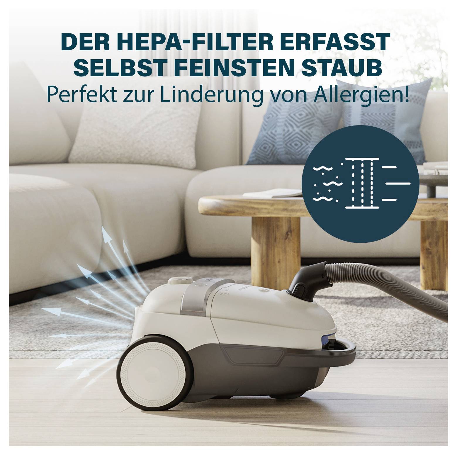Advertentieafbeelding van een stofzuiger in de woonkamer met de tekst 'Het HEPA-filter vangt zelfs het fijnste stof' en 'Perfect voor verlichting van allergieën!'.