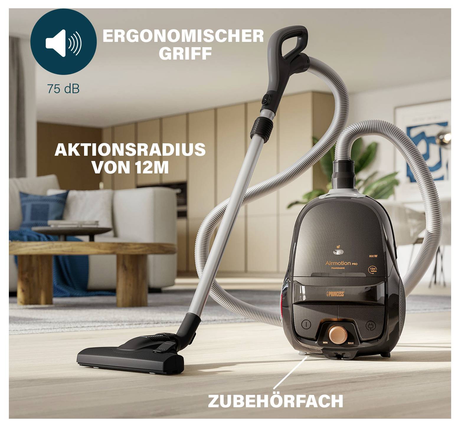 Advertentieafbeelding van een stofzuiger met ergonomisch handvat, werkradius van 12 m, 75 dB en accessoirevak in een woonkamer.