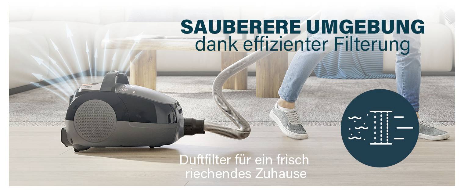 Advertentie voor een stofzuiger met de boodschap 'Schonere omgeving dankzij efficiënte filtratie' en 'Geurfilter voor een fris ruikend huis'.