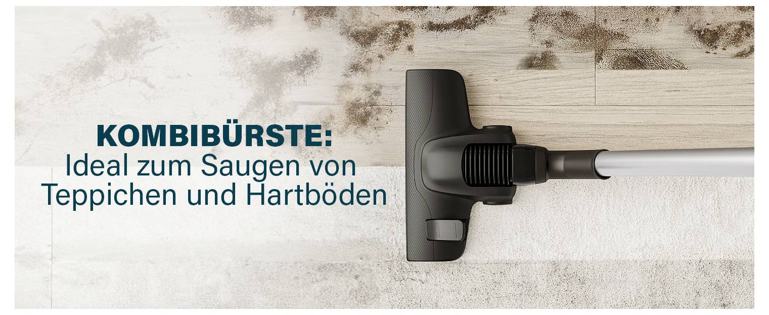 Combinatorborstel van een stofzuiger op tapijt en hardhouten vloer; Tekst: 'Ideaal voor het stofzuigen van tapijten en hardhouten vloeren'.