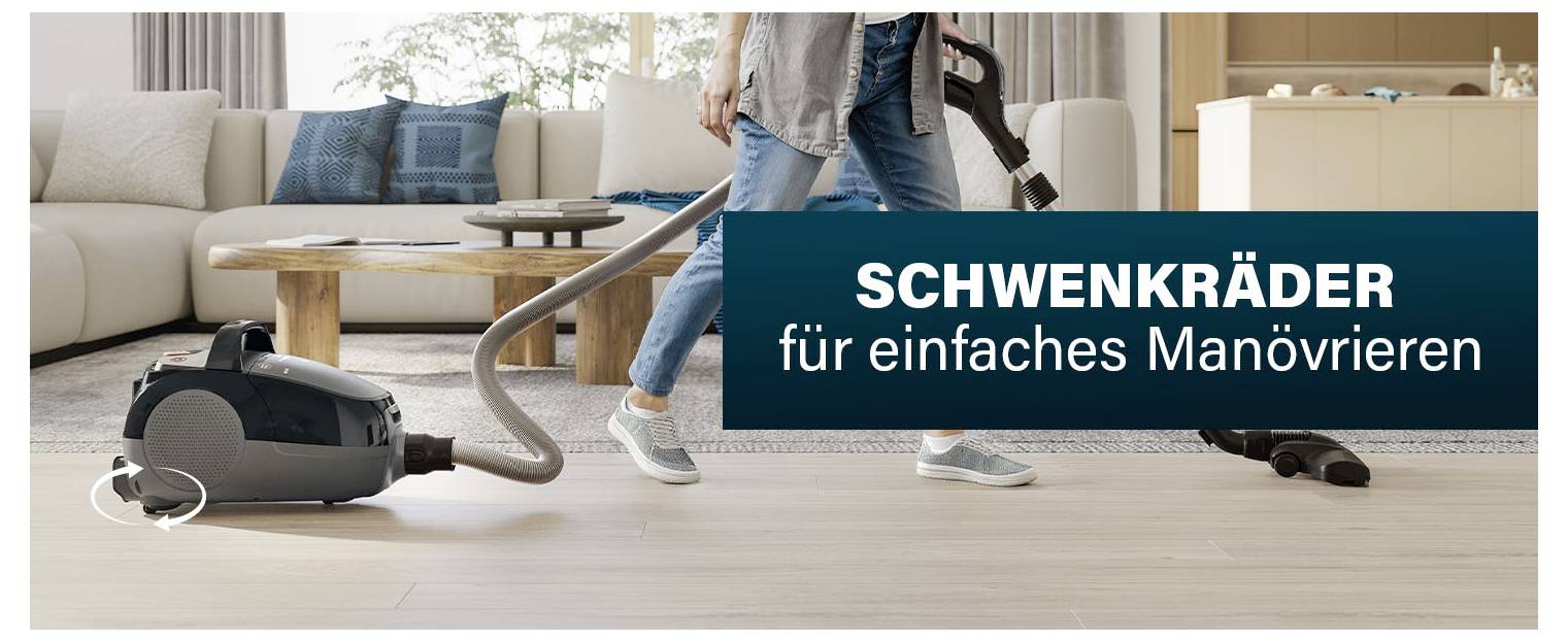 Stofzuiger met zwenkwielen op een lichte houten vloer; Tekst: 'ZWENKWIELEN voor gemakkelijk manoevreren'.