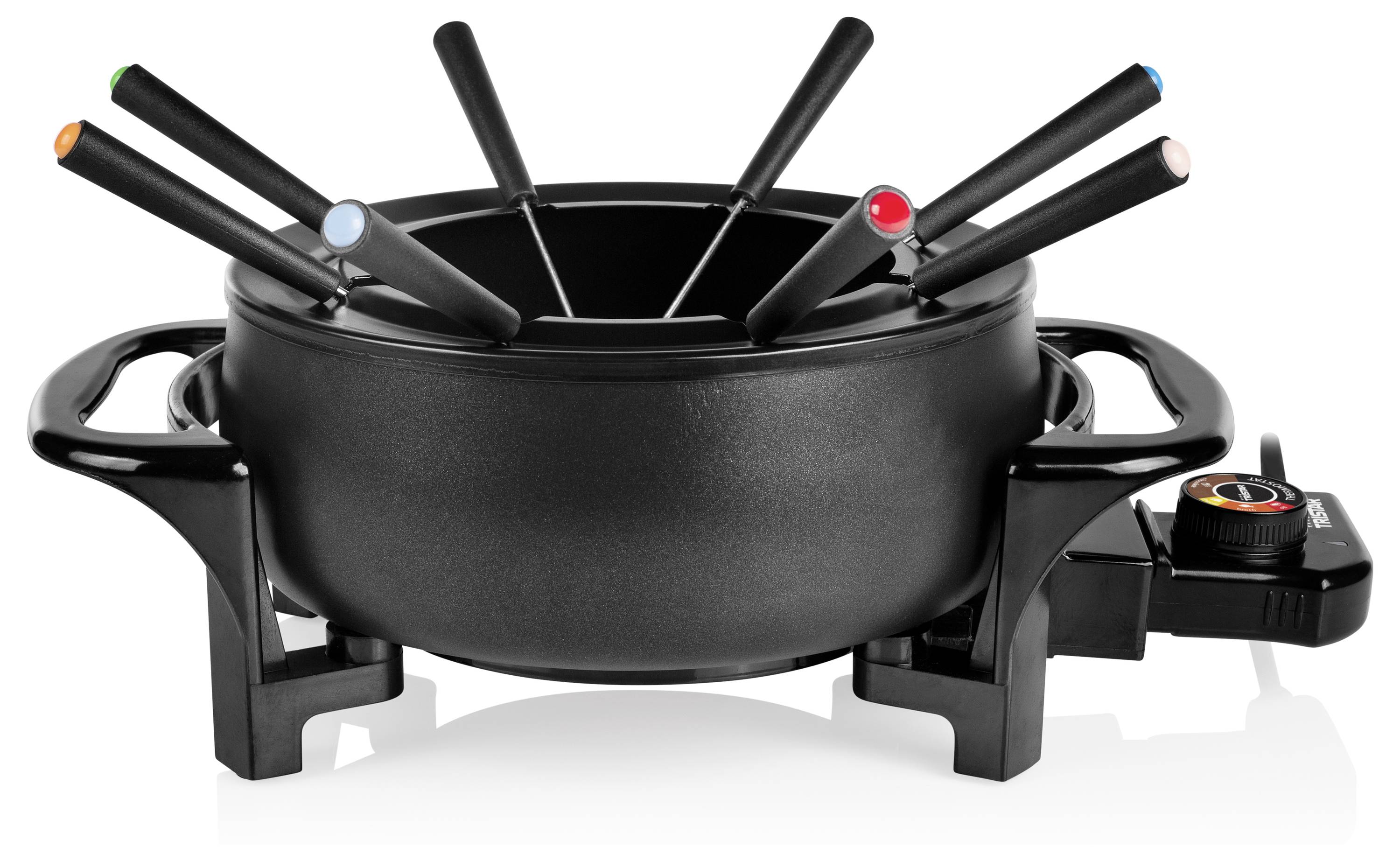 Zwarte elektrische fonduepot met zes kleurgecodeerde fonduevorkjes en temperatuurregelknop aan de zijkant