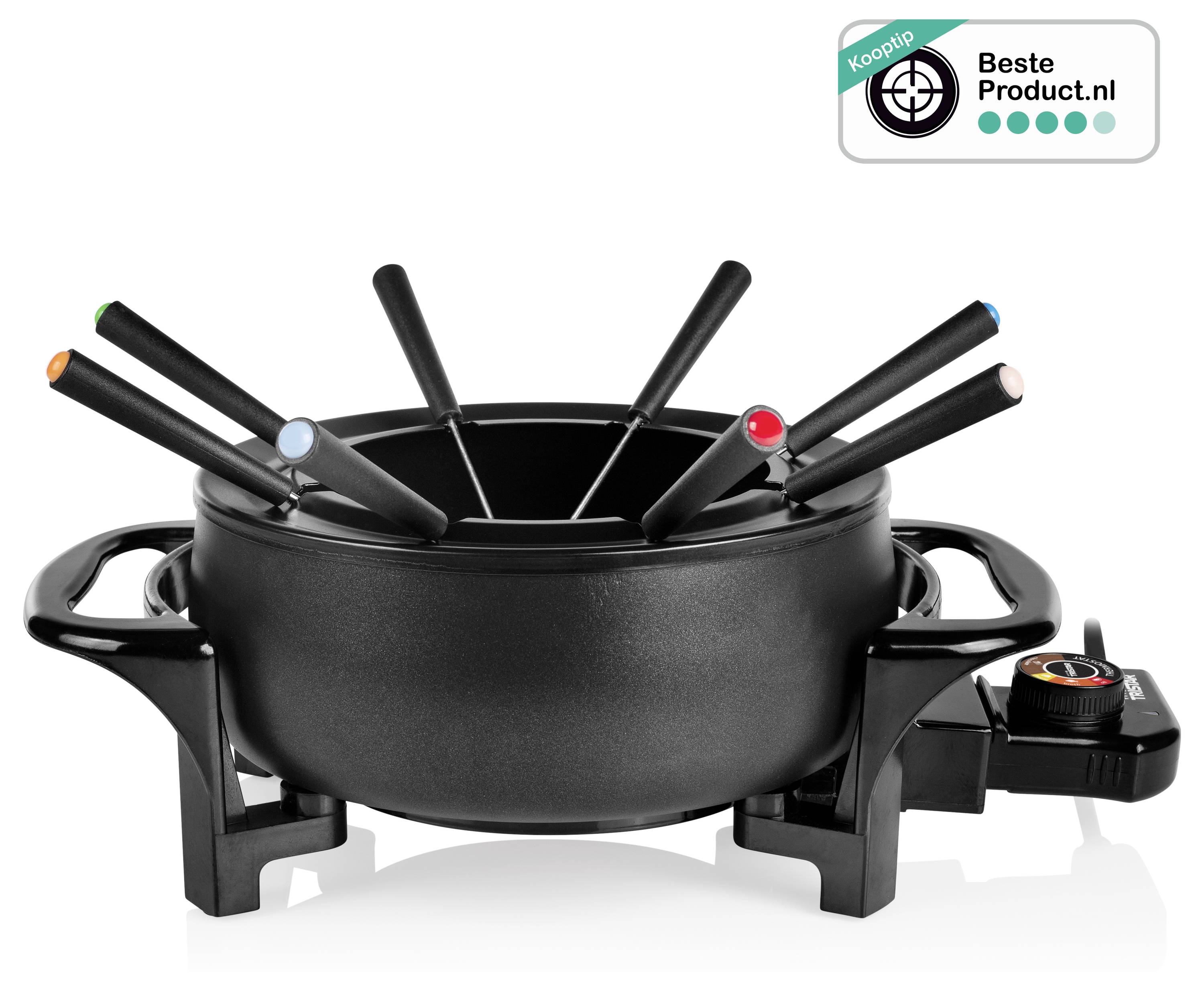 Elektrische fondueset met zwarte pot, zes kleurgecodeerde vorken, verwarmingsbasis en temperatuurregelschakelaar op een witte achtergrond.
