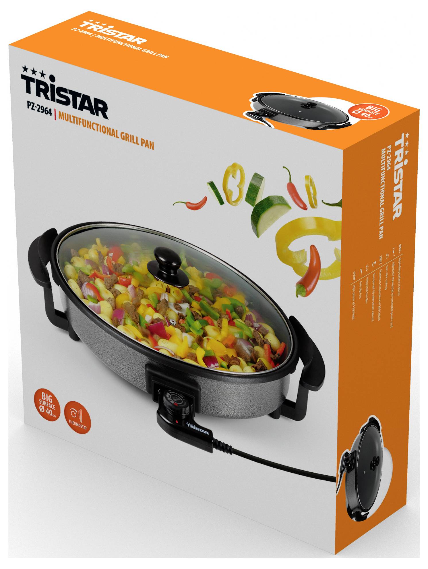 Doosverpakking voor een Tristar multifunctionele grillpan, met daarop afgebeeld een elektrische pan met deksel met groenten die erin koken en productmerk op een oranje en wit doosje.