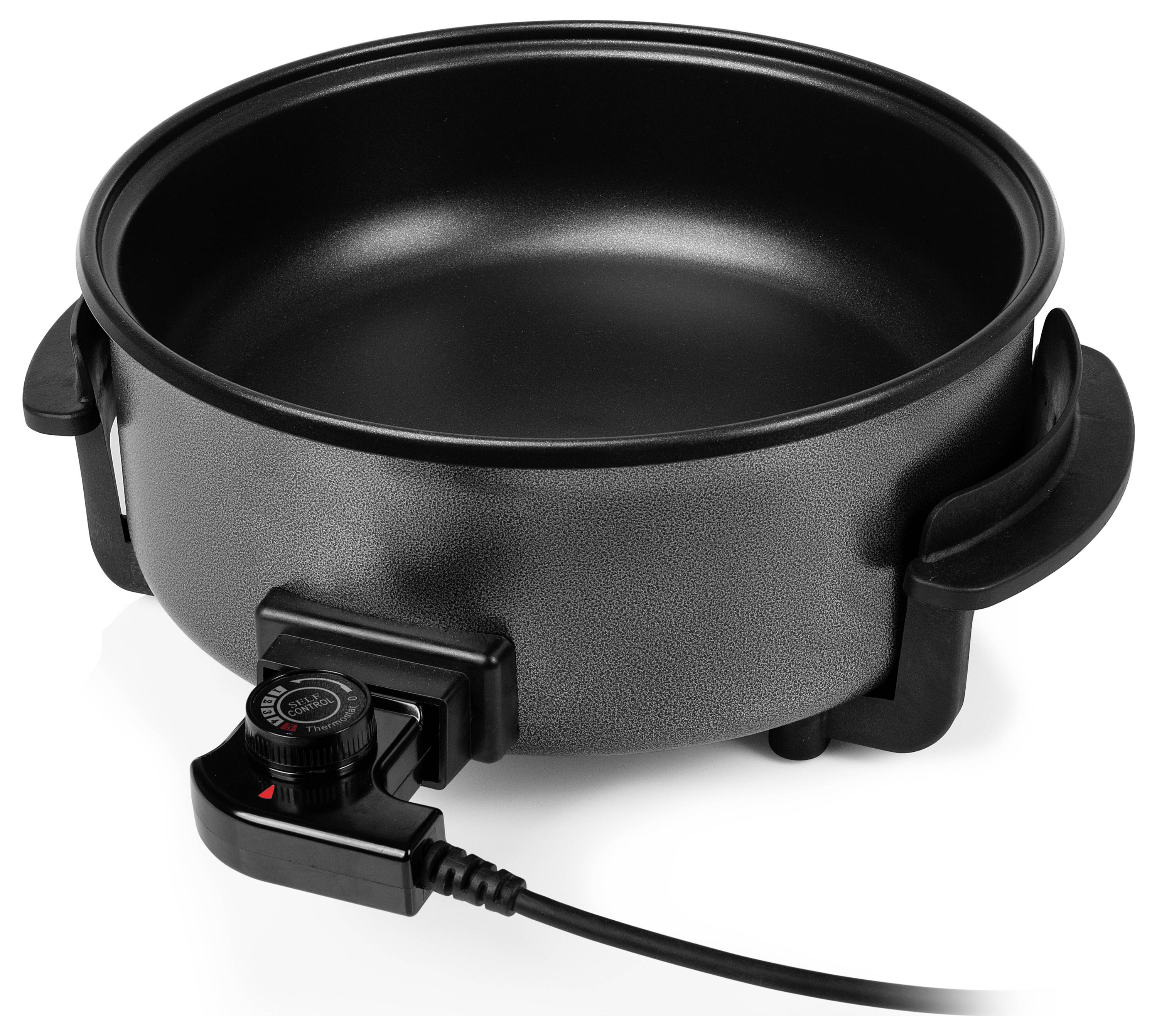 Zwarte elektrische kookpot of fonduepot met verwijderbare temperatuurschakelaar en stroomkabel op een witte achtergrond.