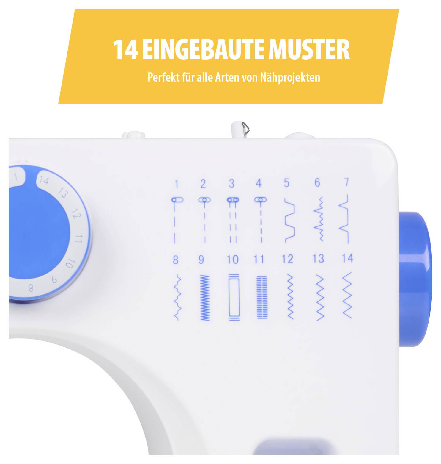 Naaimachine met opdruk '14 INGEBOUWDE STEKEN' en 'Perfect voor alle soorten naaiprojjecten'; toont 14 steekpatronen op de behuizing.