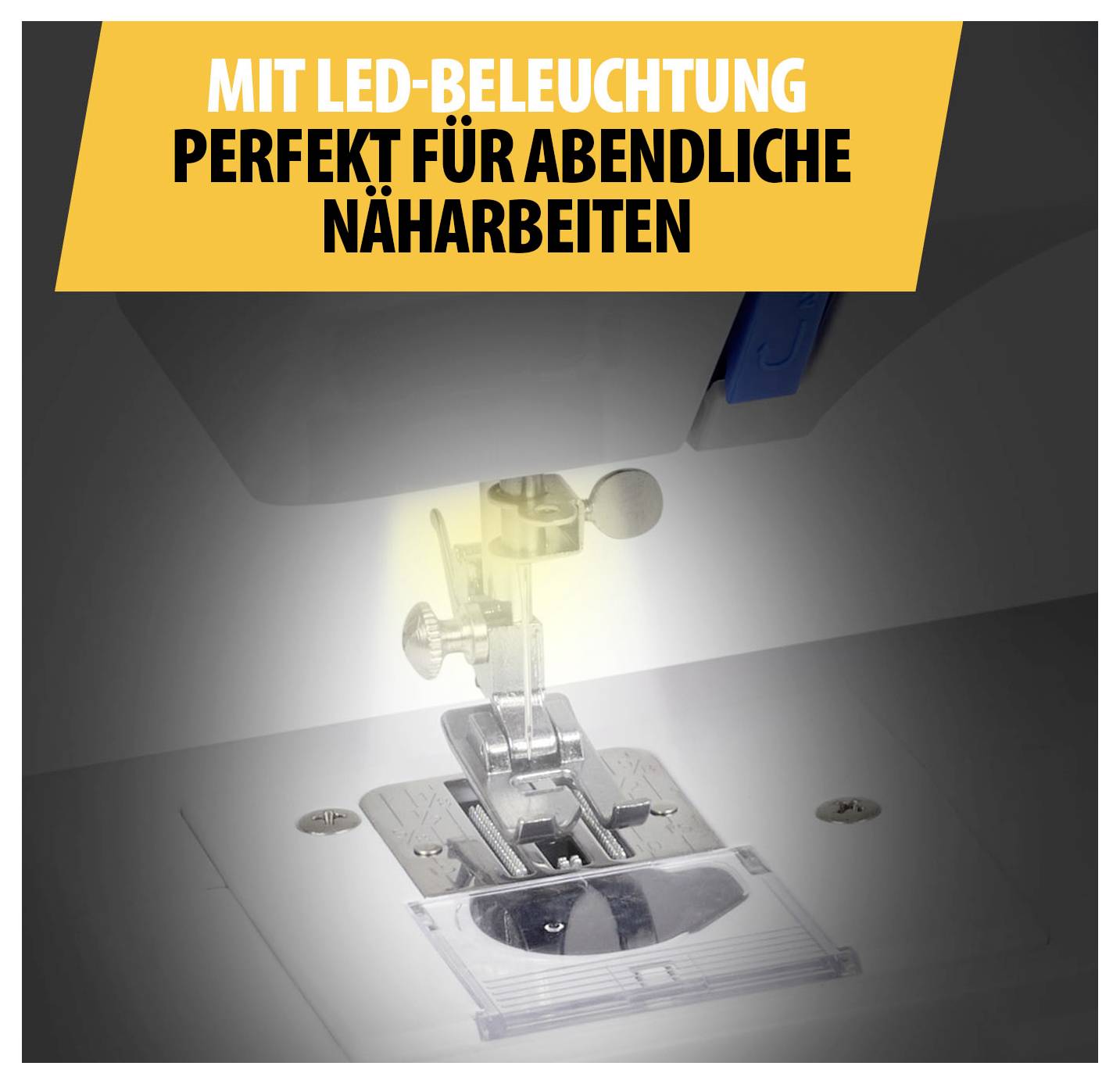 Naaimachinevoet met LED-verlichting; erboven staat 'MET LED-VERLICHTING PERFECT VOOR NAAIWERKZAAMHEDEN'S AVONDS'.