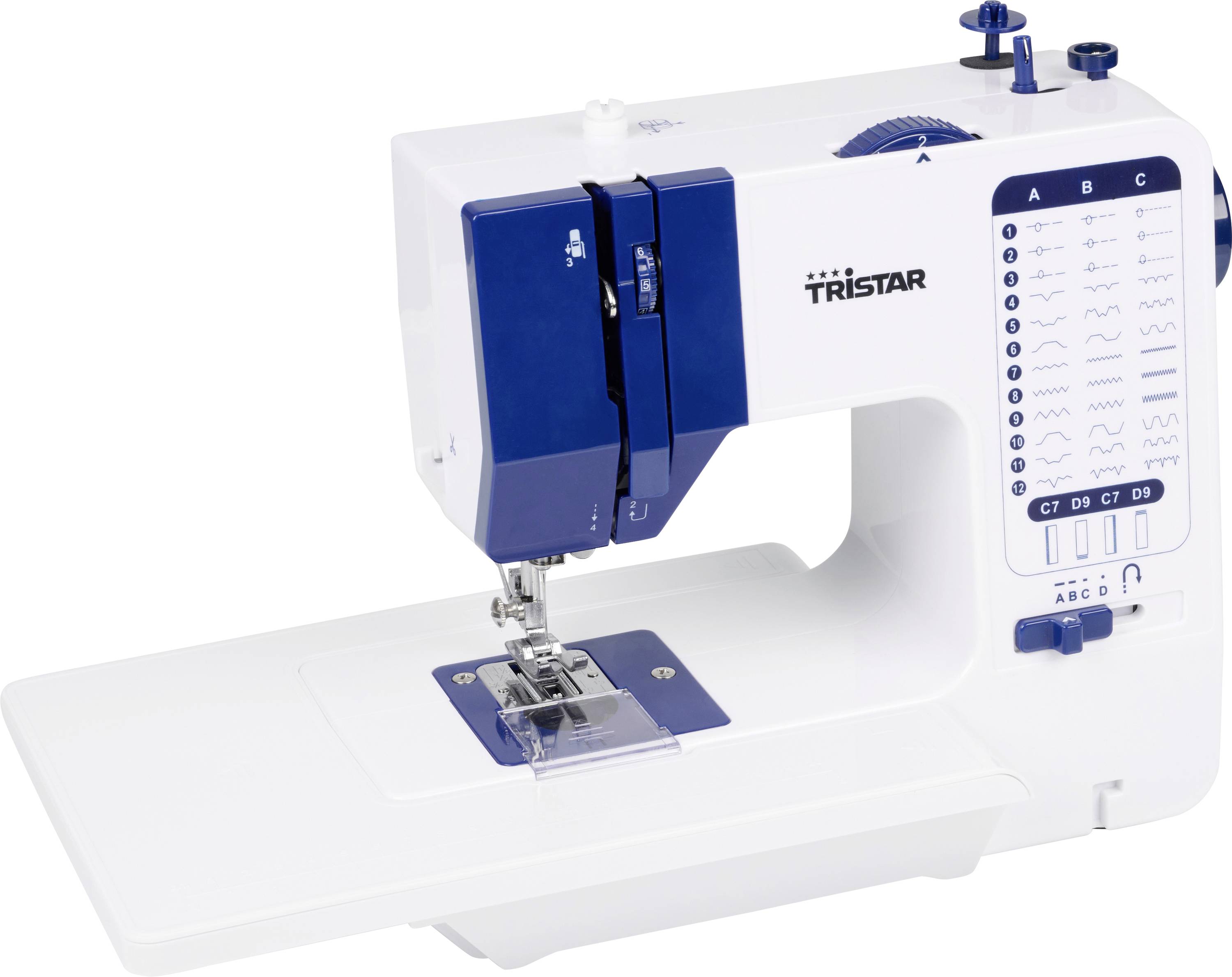 Witte en blauwe Tristar naaimachine getoond op een witte achtergrond, met steekkeuze-diagram aan de rechterkant.