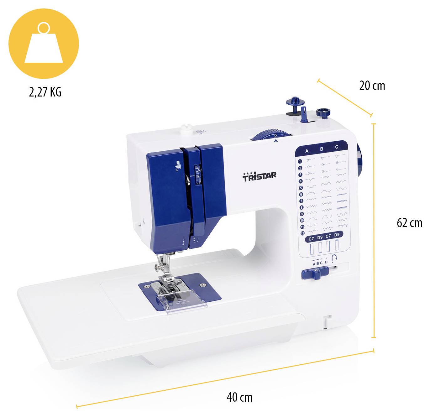 Productafbeelding van een Tristar naaimachine met aangegeven afmetingen en gewicht: 40 cm breed, 62 cm hoog, 20 cm diep, 2,27 kg.