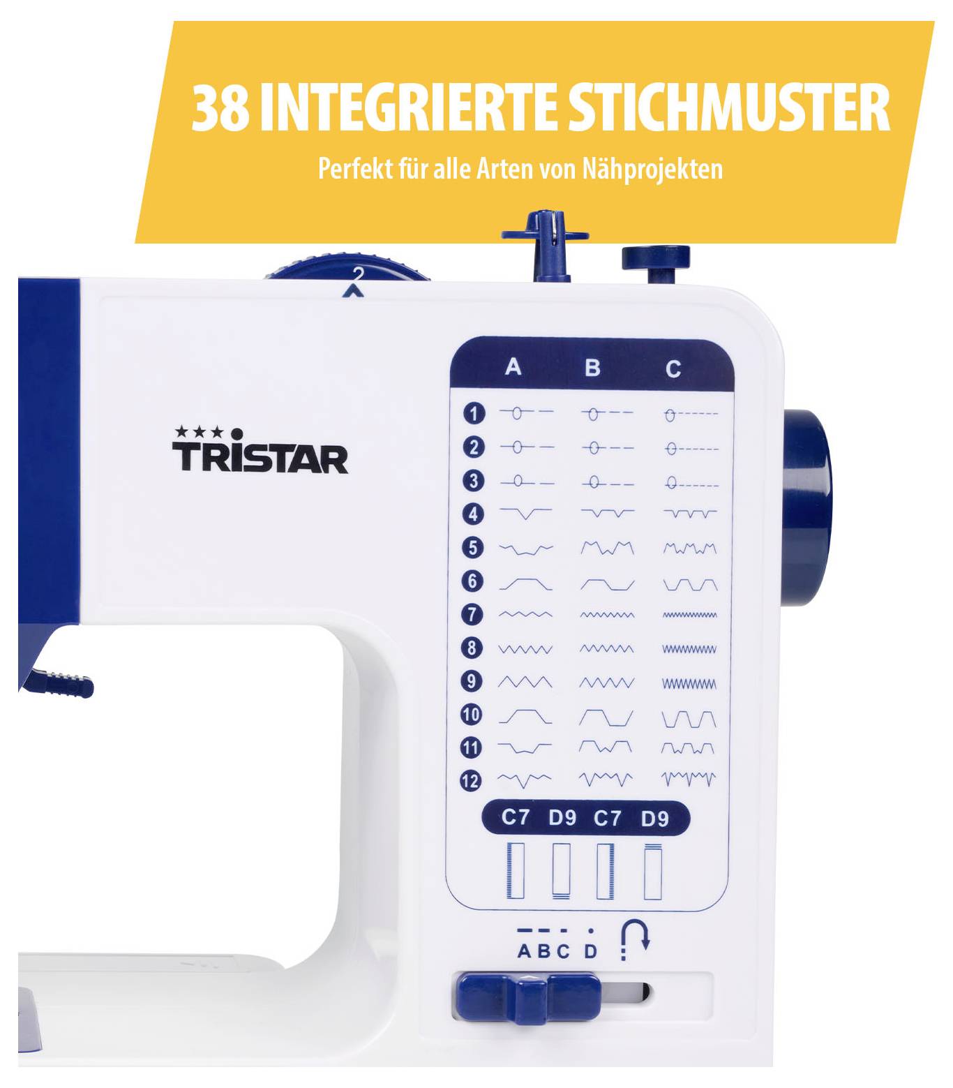 Witte Tristar-naaimachine met vermelding '38 ingebouwde steekpatronen' en steekoverzicht voor verschillende naaiaprojecten.