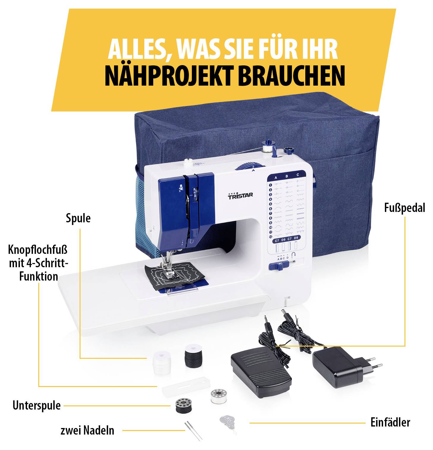 Naaimachine met transporttas en accessoires; geëtiketteerd zijn spoel, knopsluitng met 4-staps functie, ondersp oele, twee naalden, voetpedaal en draadnaaldenzer.