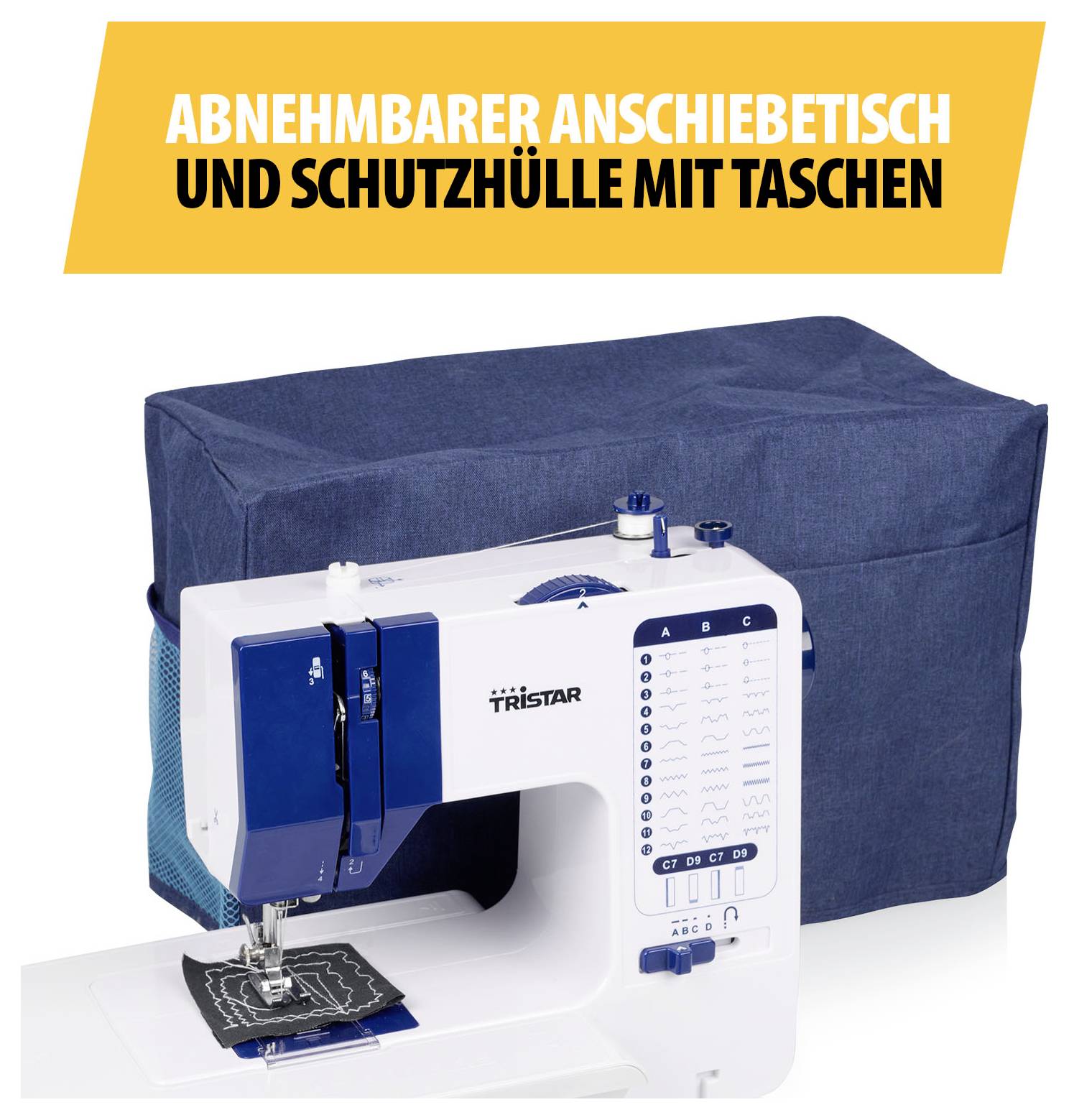 Naaimachine met afneembare verschuiftafel en blauwe beschermhoes met zakken; bovenaan staat 'AFNEEMBARE VERSCHUIFTAFEL EN BESCHERMHOES MET ZAKKEN'.