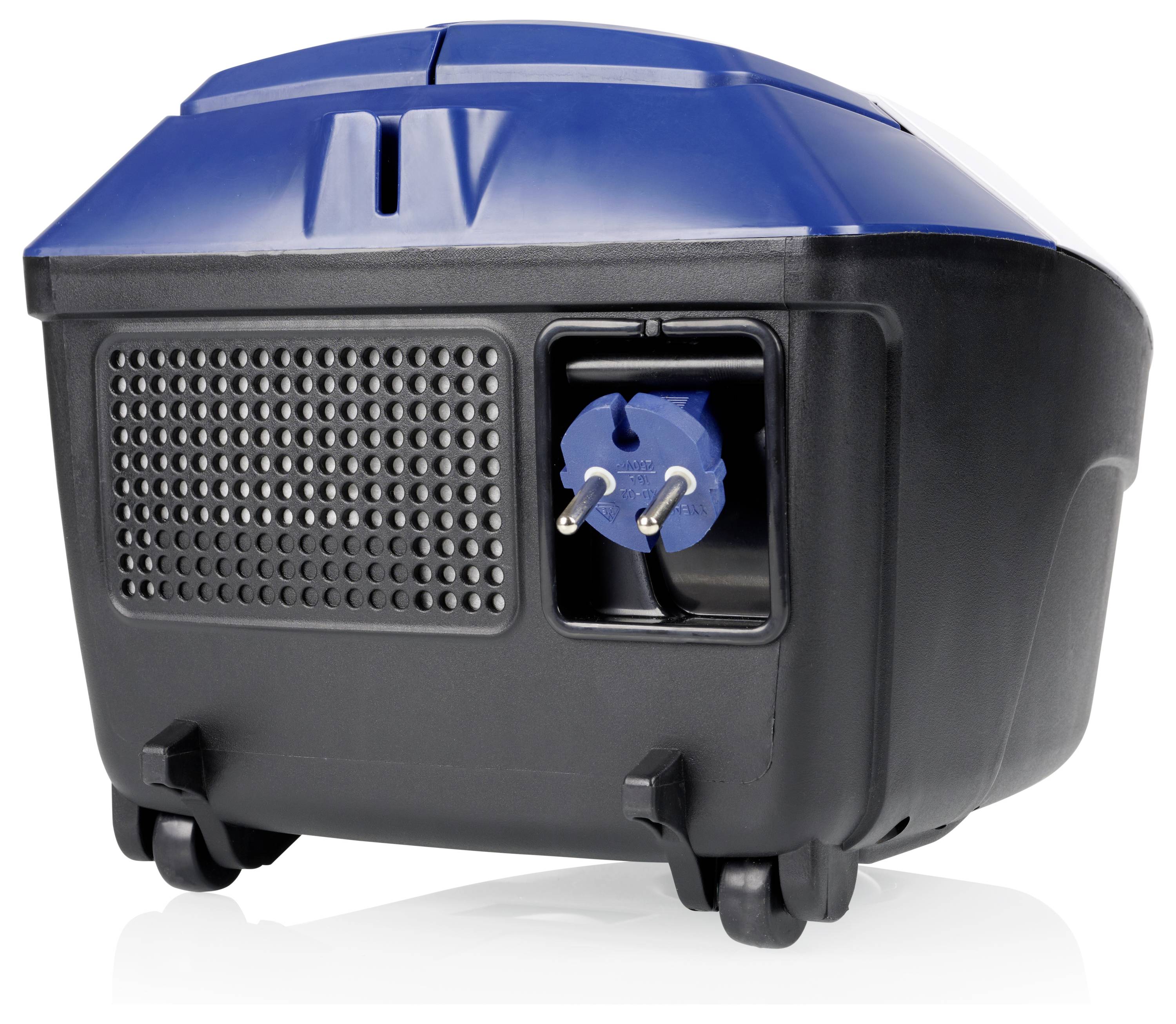 Draagbare blauw-zwarte elektrische generator op wielen, weergegeven met een frontaal uitgangsscherm en stroomstekeraansluiting.