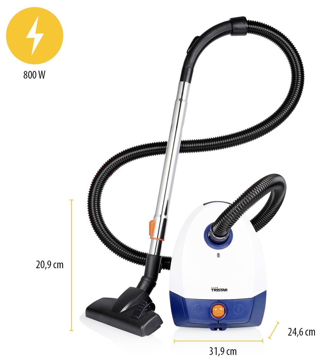 Tristar stofzuiger met slang en vloernozzle, gelabeld 800 W, 31,9 cm breed, 24,6 cm diep, 20,9 cm hoog.