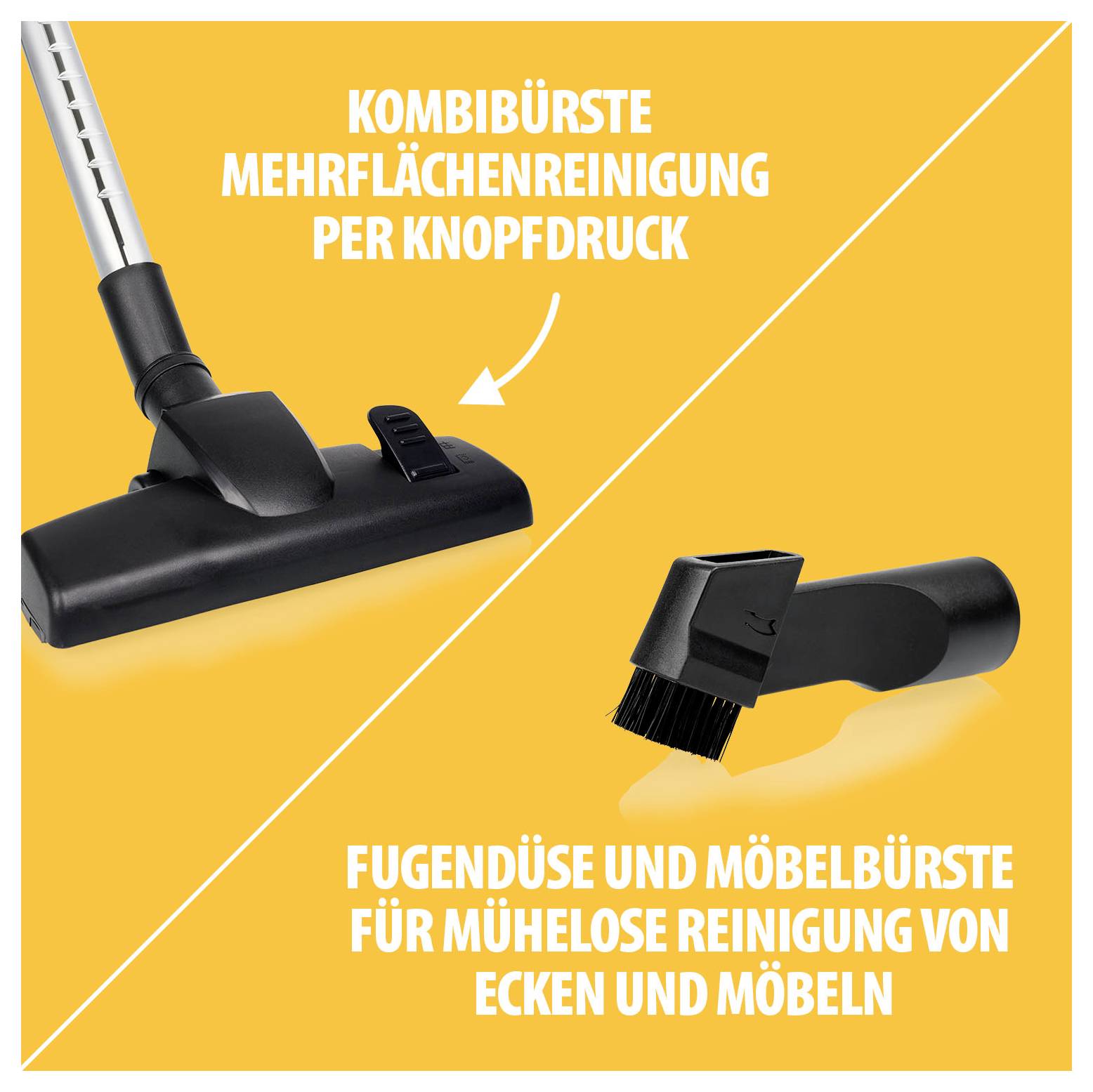 ADVERTENTIEFIGUUR MET COMBINATIEBORSTEL EN VERWISSELBARE OPZETSTUKKEN; TEKST: 'COMBINATIEBORSTEL MEEROPPERVLAKTEREINIGING MET KNOPDRUK' EN 'VOEGMONDSTUK EN MEUBELBORSTEL VOOR MOEITELOOS SCHOONMAKEN VAN HOEKEN EN MEUBELS'.