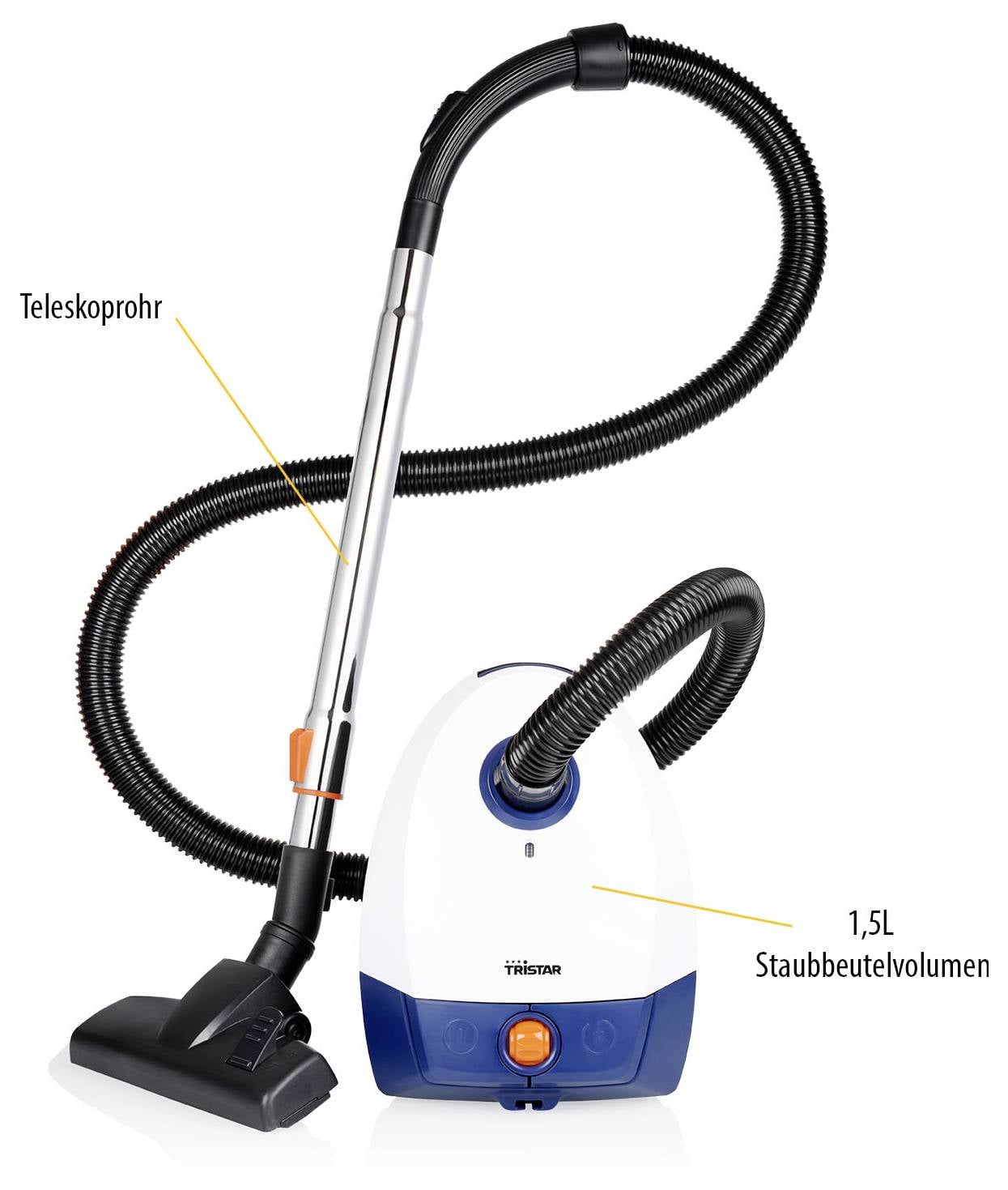 Stofzuiger met slang en vloernozzle; markeringen voor telescoopbuis en 1,5 l stofzakvolume.