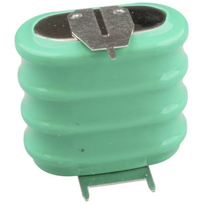 Groene cilindrische oplaadbare battericel met metalen boven- en onderklemmen, geïsoleerd weergegeven op een witte achtergrond.
