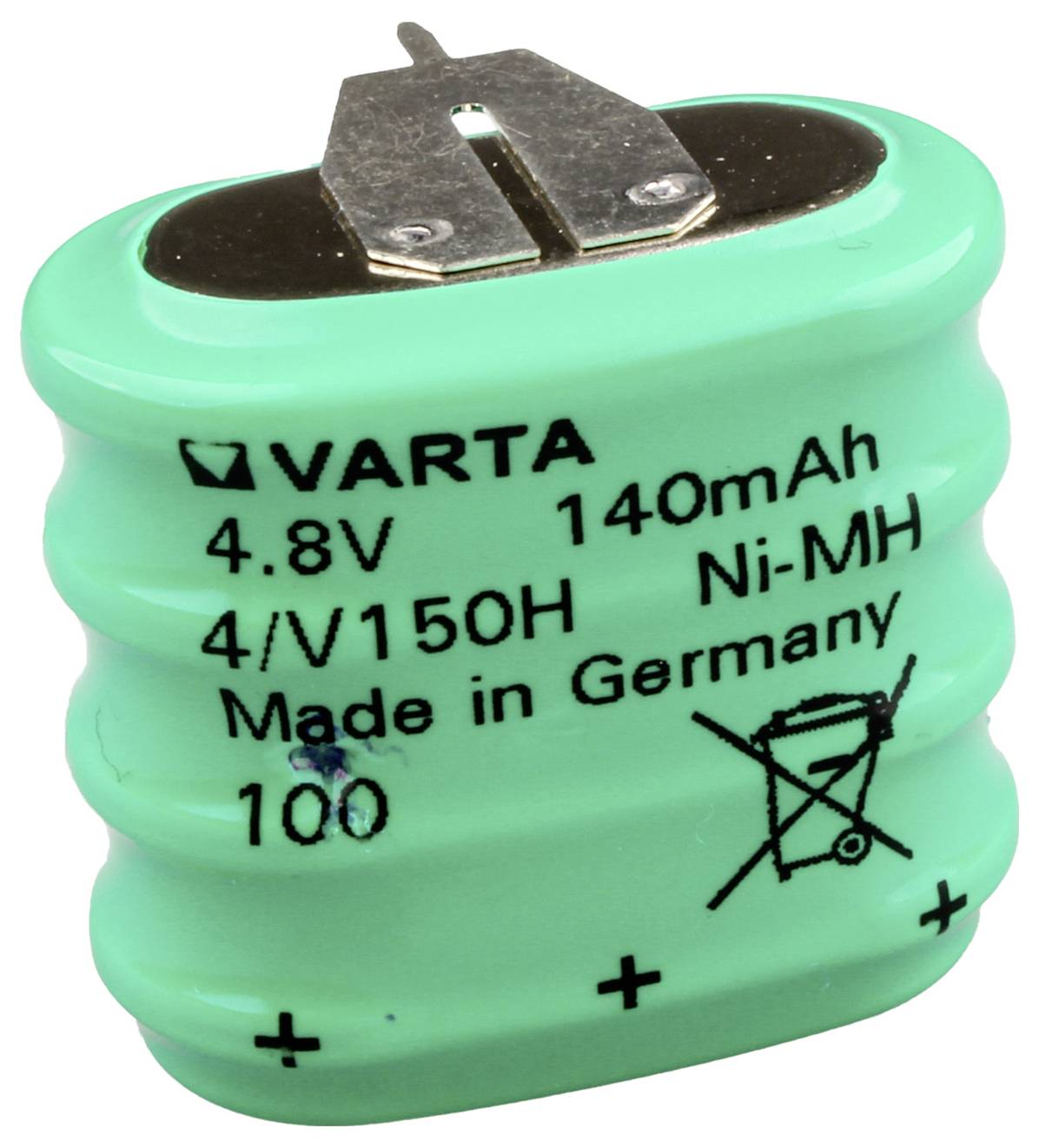 Groene Varta 4,8V 140mAh Ni-MH oplaadbare batterijpack met metalen klem bovenaan.