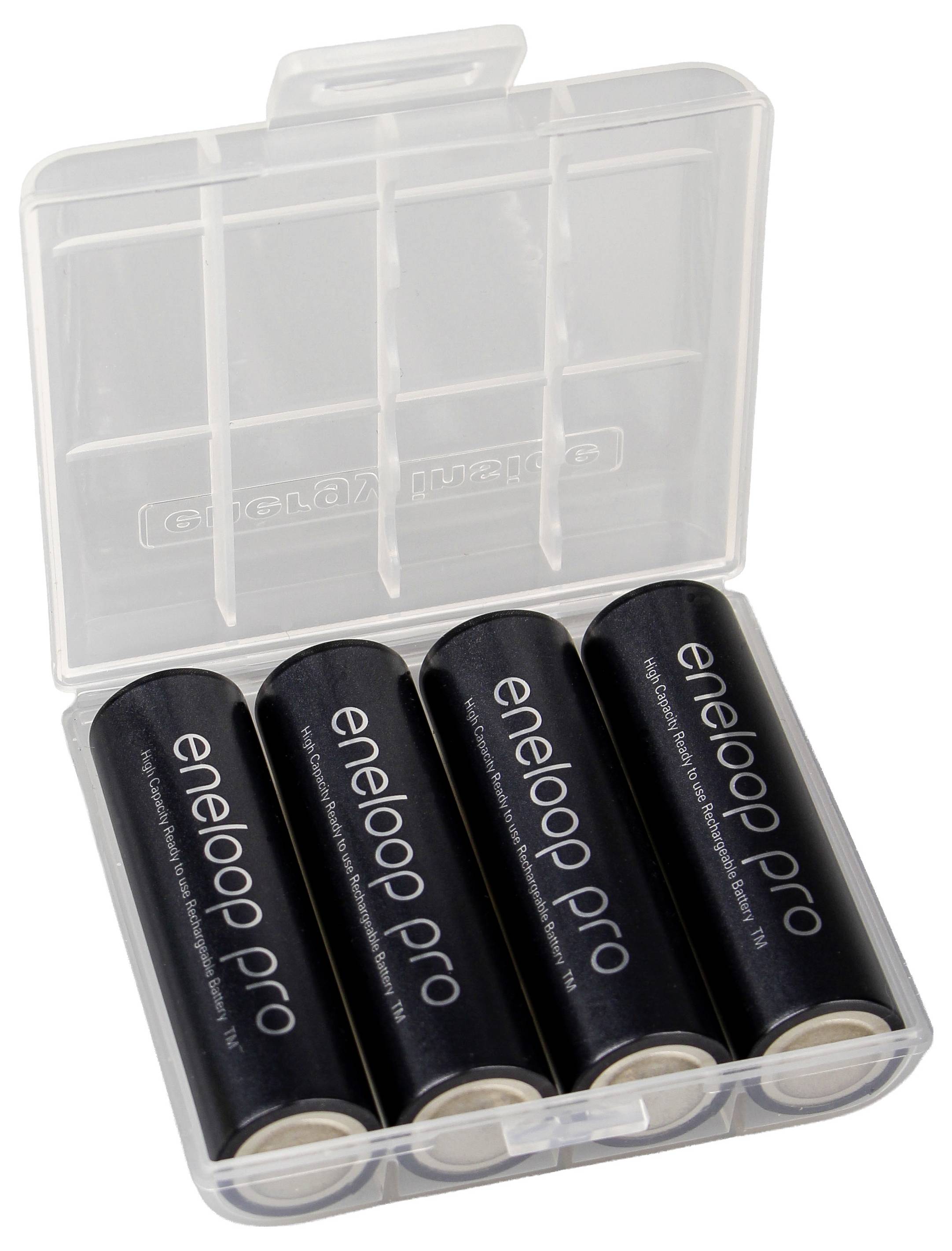 Plastic batterijhouder met vier zwarte Eneloop Pro oplaadbare batterijen