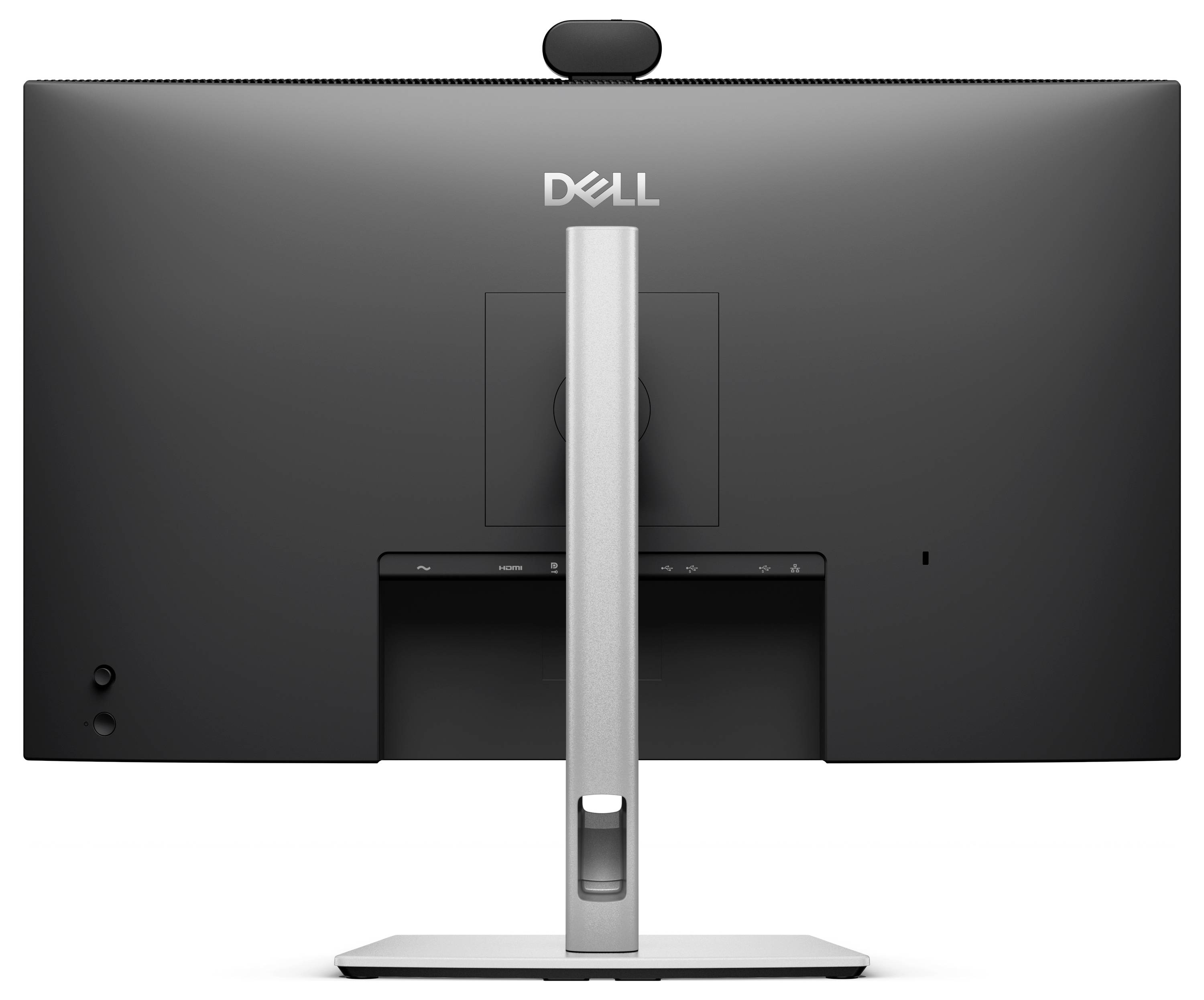 Achterkant van een Dell desktopmonitor met ingebouwde webcam, centraal onderstel en vierkante kabelkap op een witte achtergrond.