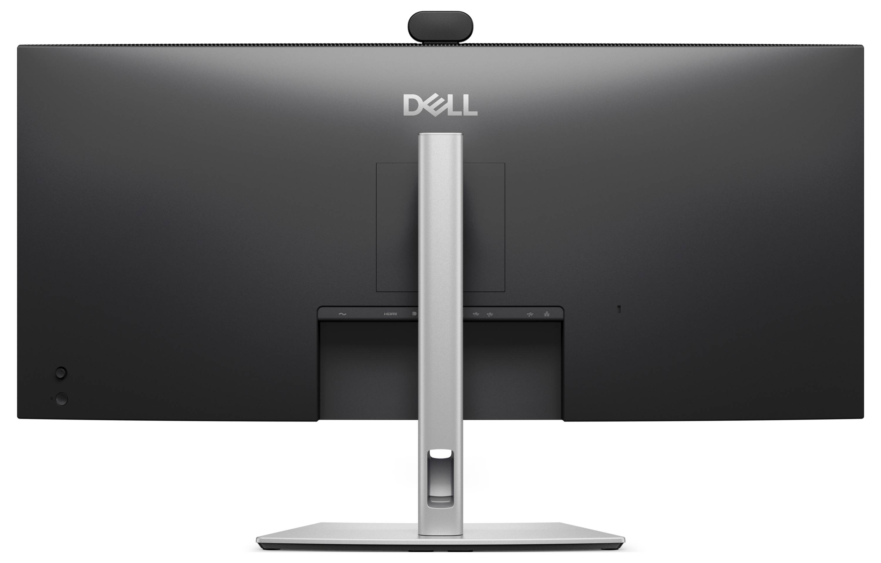Achteraanzicht van een Dell-desktopmonitor op een zilveren standaard met een gecentreerde webcambeugel bovenaan.