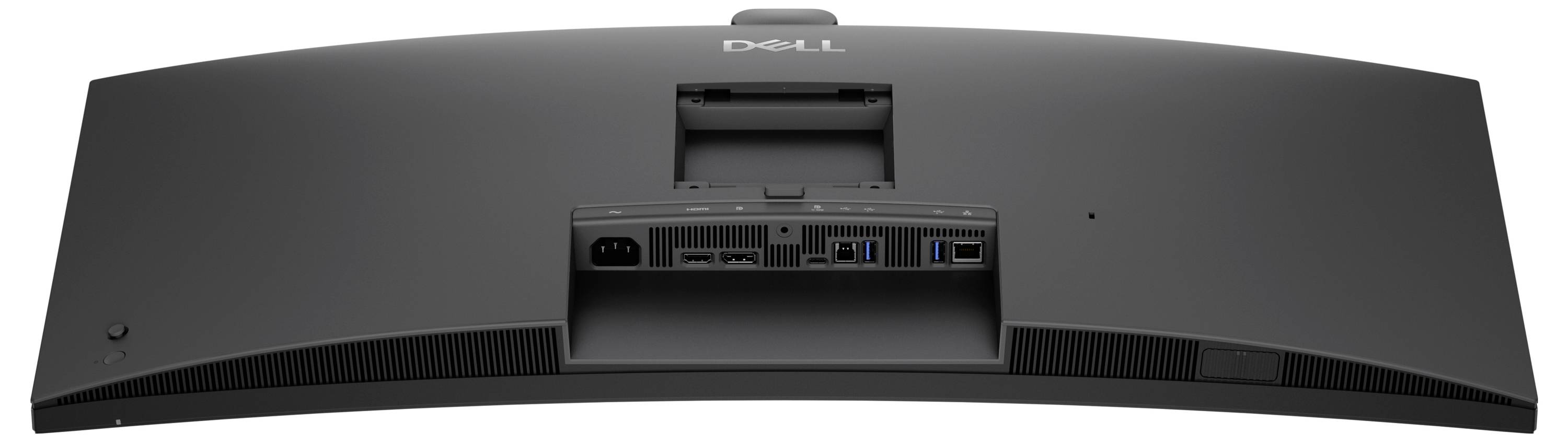 Achterkant van een Dell gebogen monitor met ingebouwde poorten en stromaansluitingen gecentreerd op het achterpaneel.