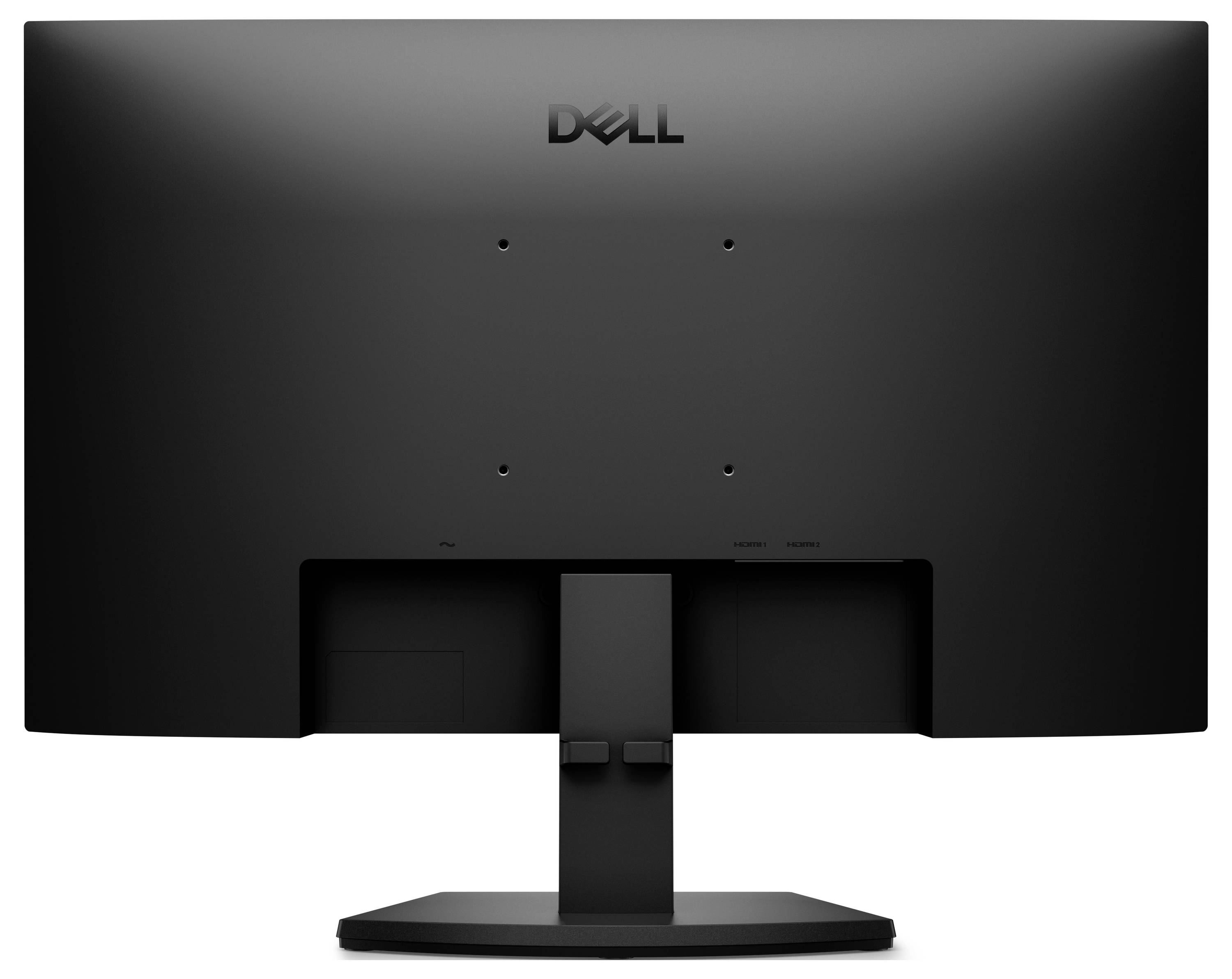 Achteraanzicht van een Dell-desktopmonitor op een standaard, met zichtbare bevestigingsgaten en kabelrouteringsgebied.