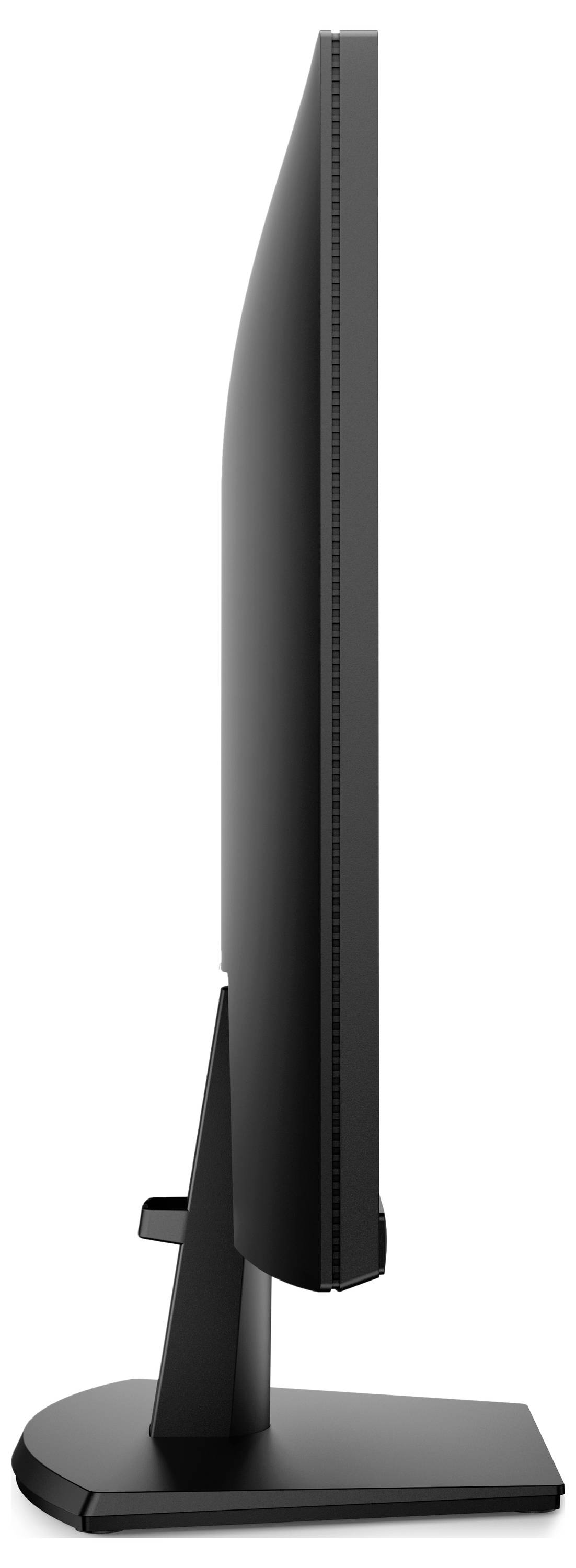 Zijkant van een zwarte flatscreen-monitor op een standaard, waarop het dunne profiel en de rechthoekige basis zichtbaar zijn.