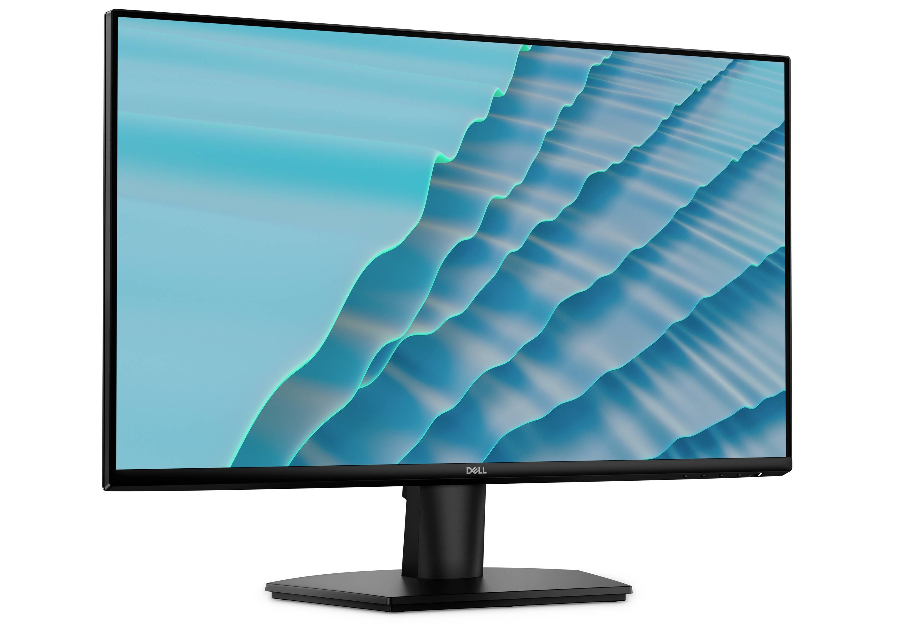Dell desktopmonitor die een tealturbulent golfpatroon op een witte achtergrond weergeeft.
