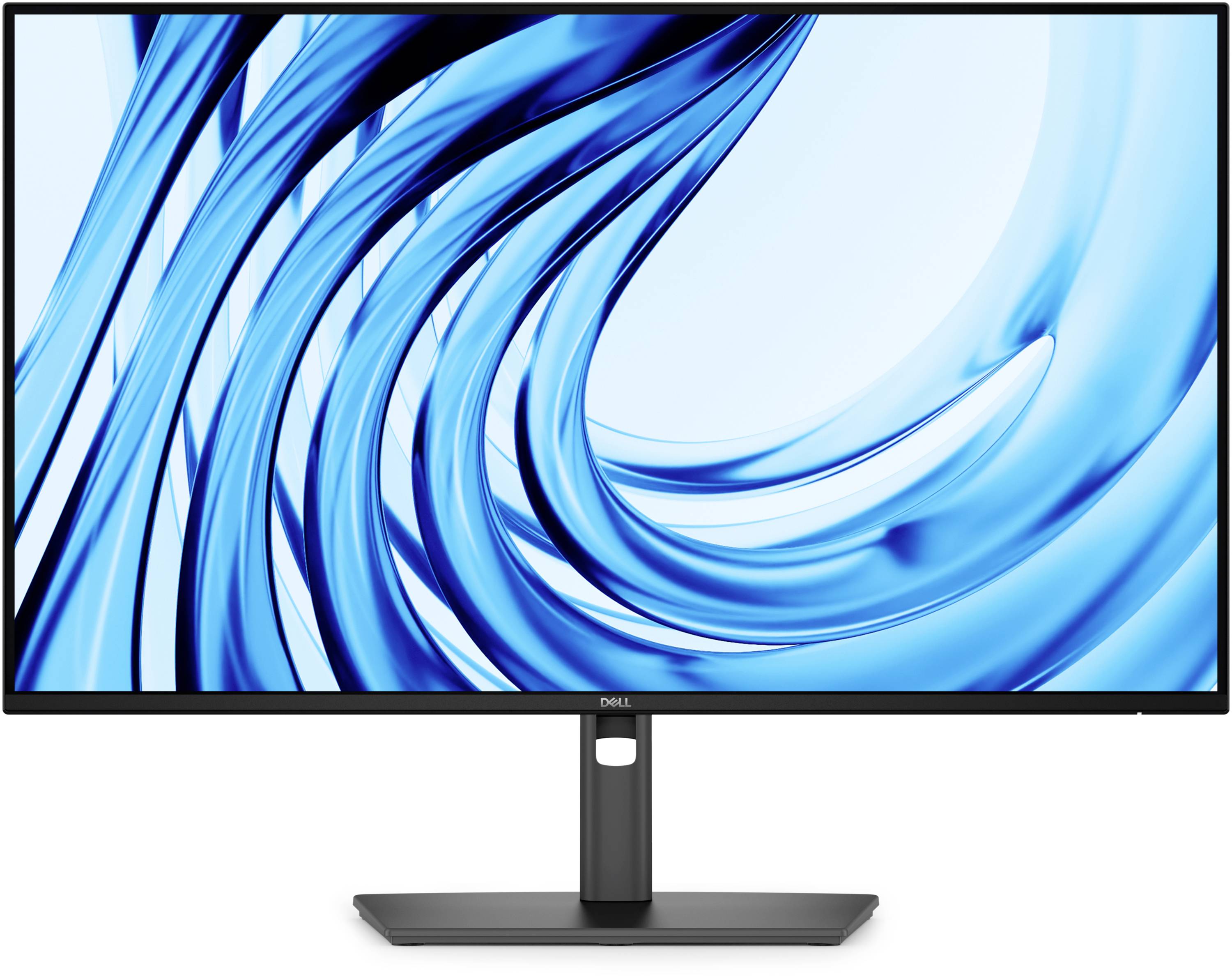 Dell breedbeeldmonitor met een blauwe abstracte wervelafbeelding op een witte achtergrond.