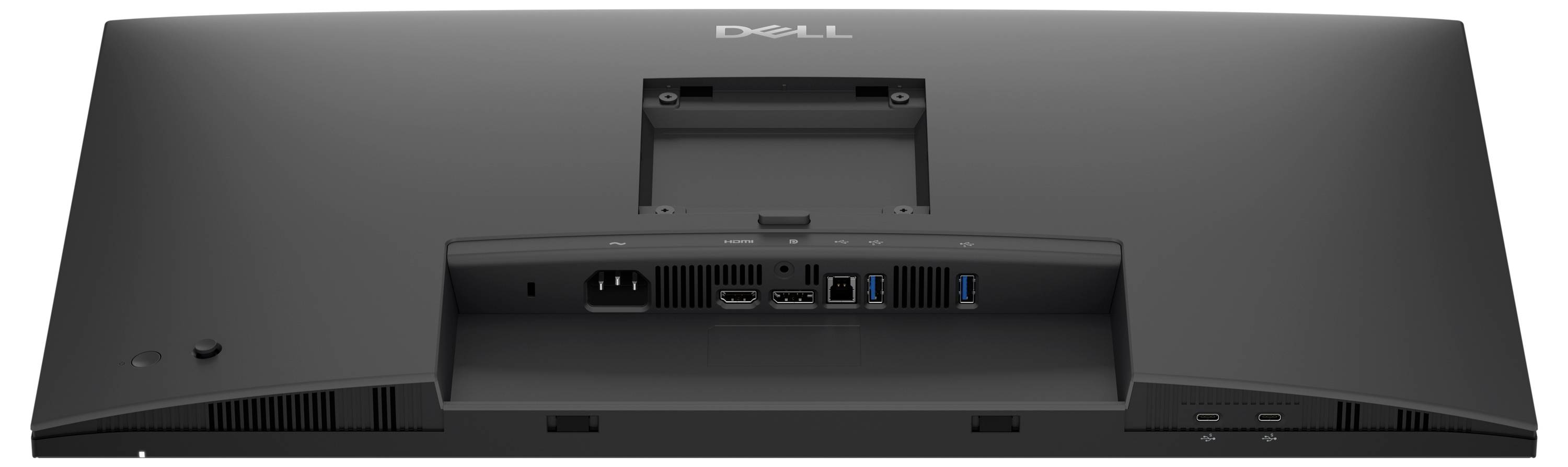 Achteraanzicht van een Dell all-in-one computer met de achterstandaard, ventilatiesleuven en aansluitingen voor stroom, netwerk, USB en videoverbindingen.