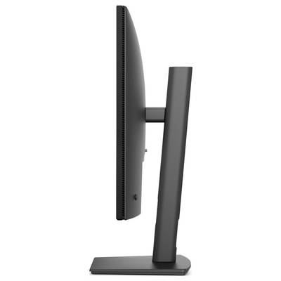 Zijkant van een zwarte gebogen desktopmonitor op een rechthoekige standaard, met daarop het slanke profiel en de verstelbare ondersteuningsarm.