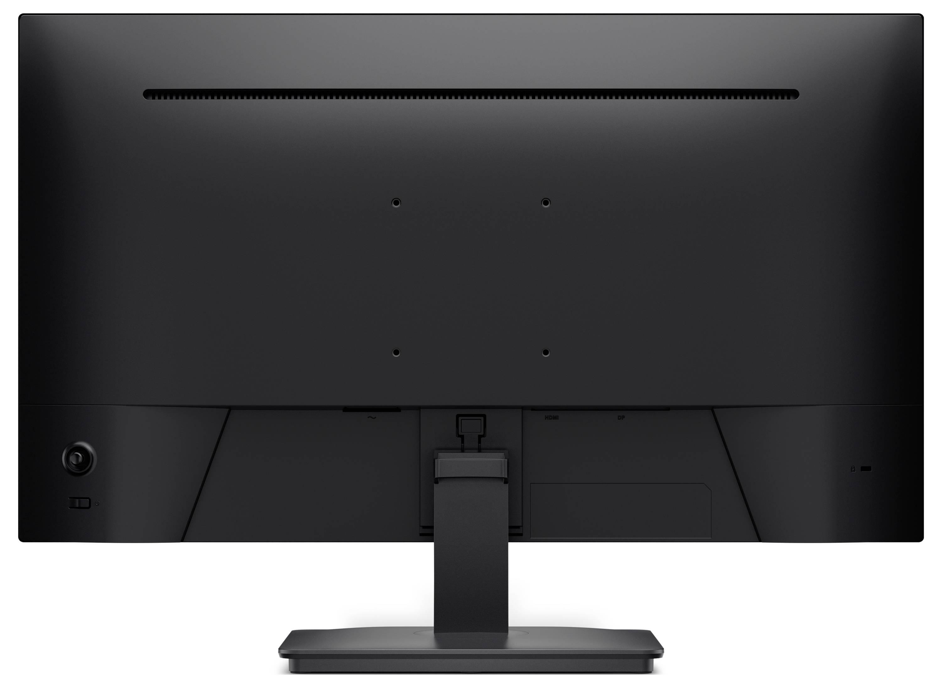 Achteraanzicht van een zwarte computermonitor op een standaard, met zichtbare ventilatiesleuven, kabelpoorten en de basis tegen een witte achtergrond.
