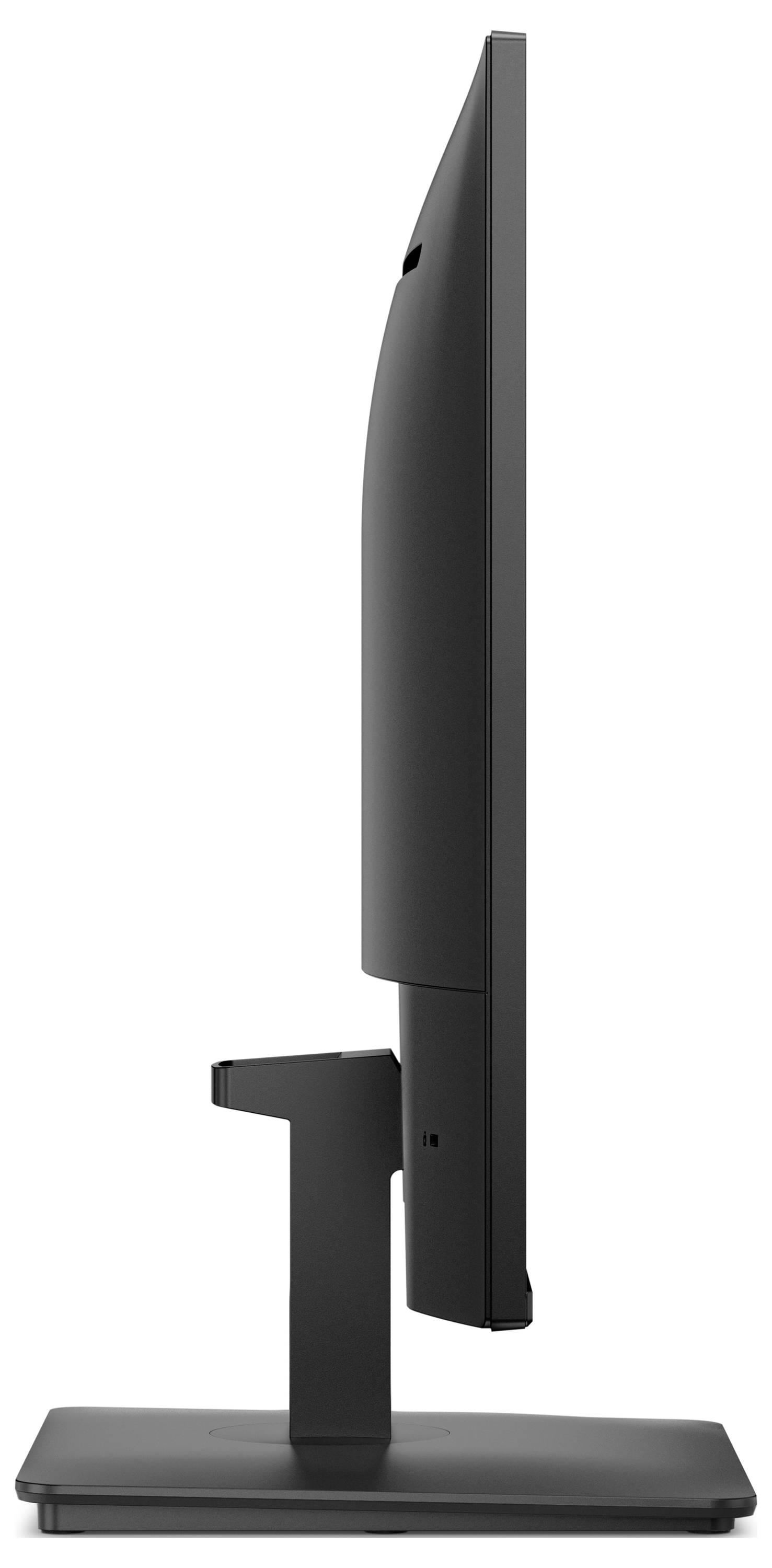 Zijaanzicht van een zwart flatscreen-monitor op een rechthoekige standaard, met zichtbare slanke profiel en verstelbare steunarm.