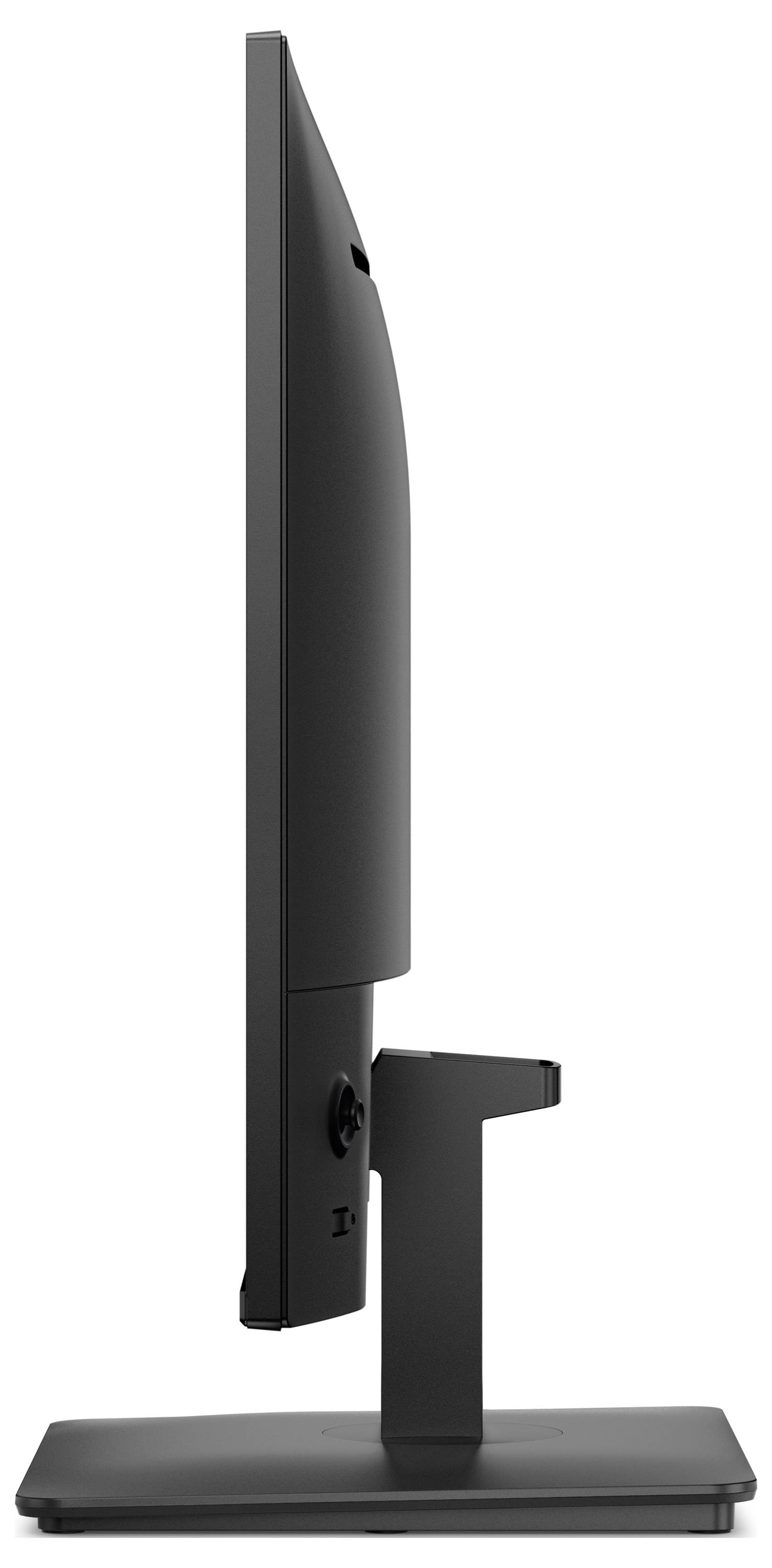 Zijaanzicht van een zwarte flat-screen monitor op een rechthoekige standaard, waarin het dunne profiel en de achterste montagebeugel zichtbaar zijn.