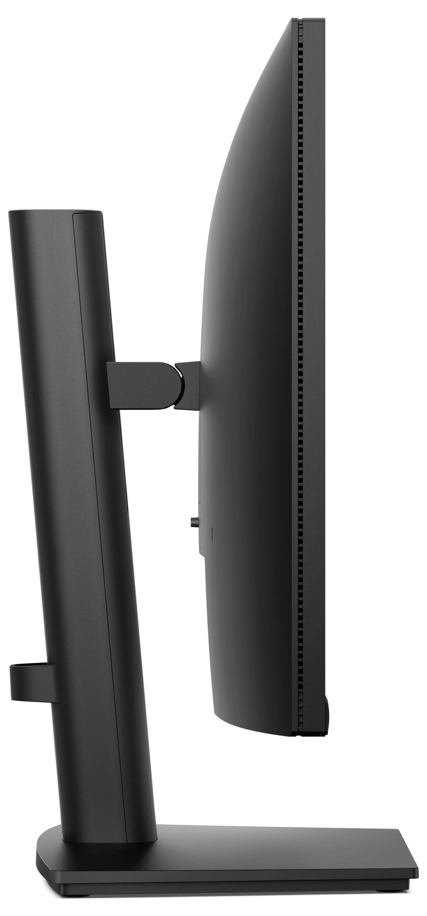 Zijaanzicht van een zwarte computermonitor op een rechthoekige voet, met zicht op de verstelbare arm en het slanke displayprofiel.